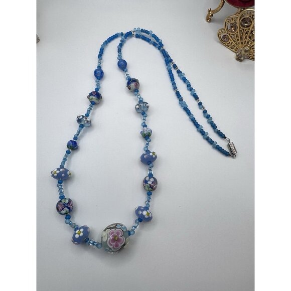 Vintage Italian Venetian Murano Art Glass Wedding Cake Blue Bead Necklace Rare - Picture 8 of 9